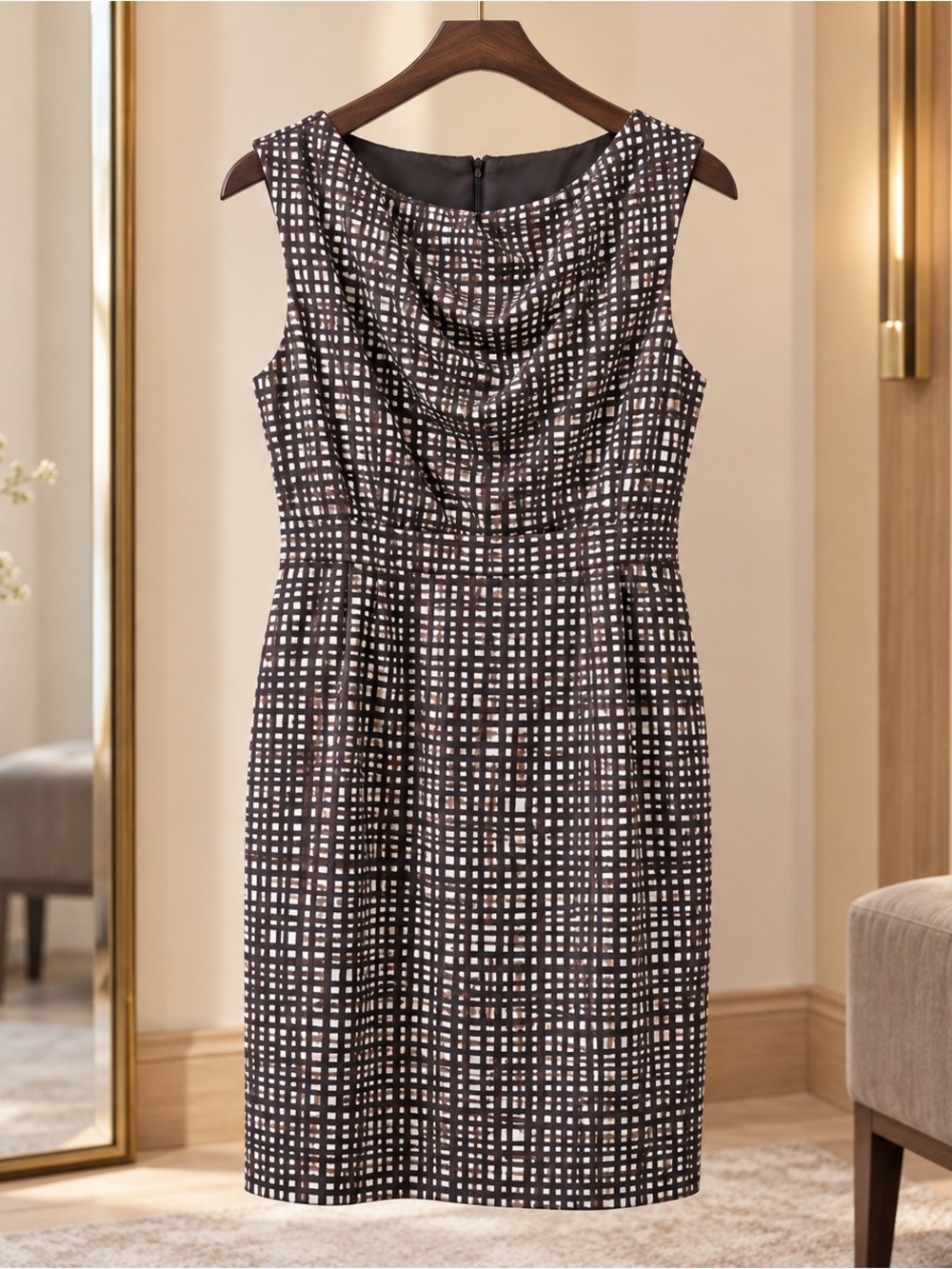 NWT The Limited Size 14 Brown Geometric Draped Neck Sheath Dress